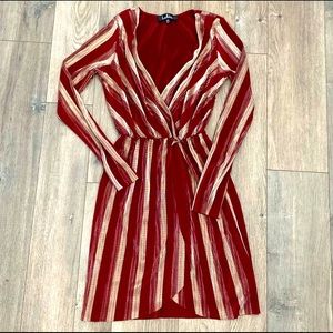 LULU'S Red and Gold Striped Long Sleeve Wrap Dress